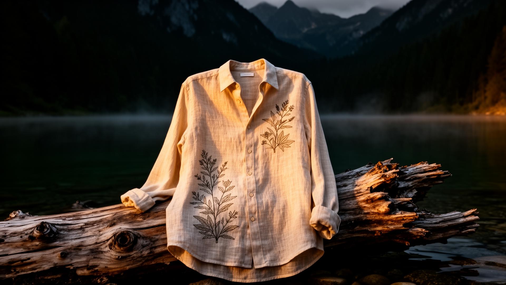 A linen-hemp shirt with botanical embroidery resting on driftwood at dusk