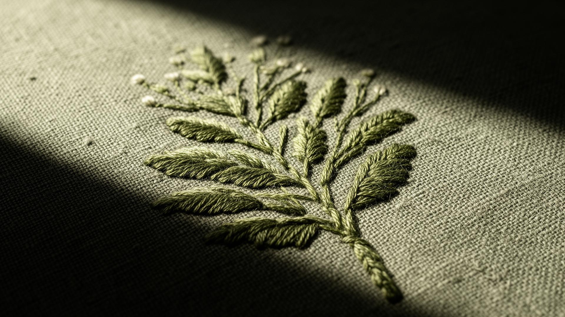Macro of tone-on-tone embroidery on hemp fabric